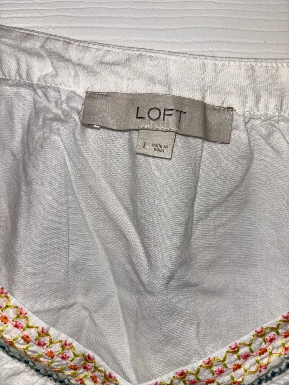 LOFT White Peasant Top with Multicolor Embroidered Trim